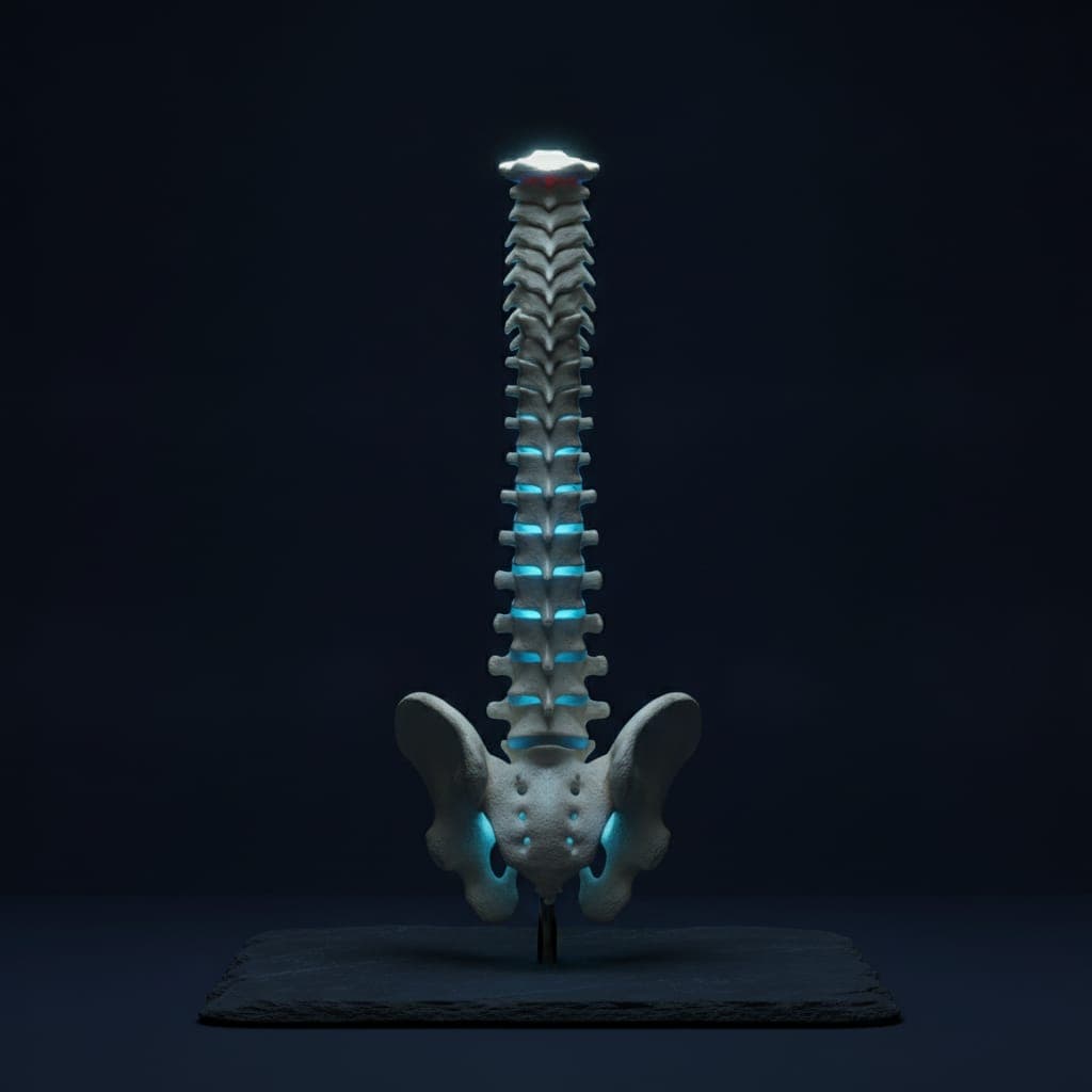 An anatomical model of the spine and pelvis with the discs lit blue and one upper segment lit red: naming the structure driving the pain