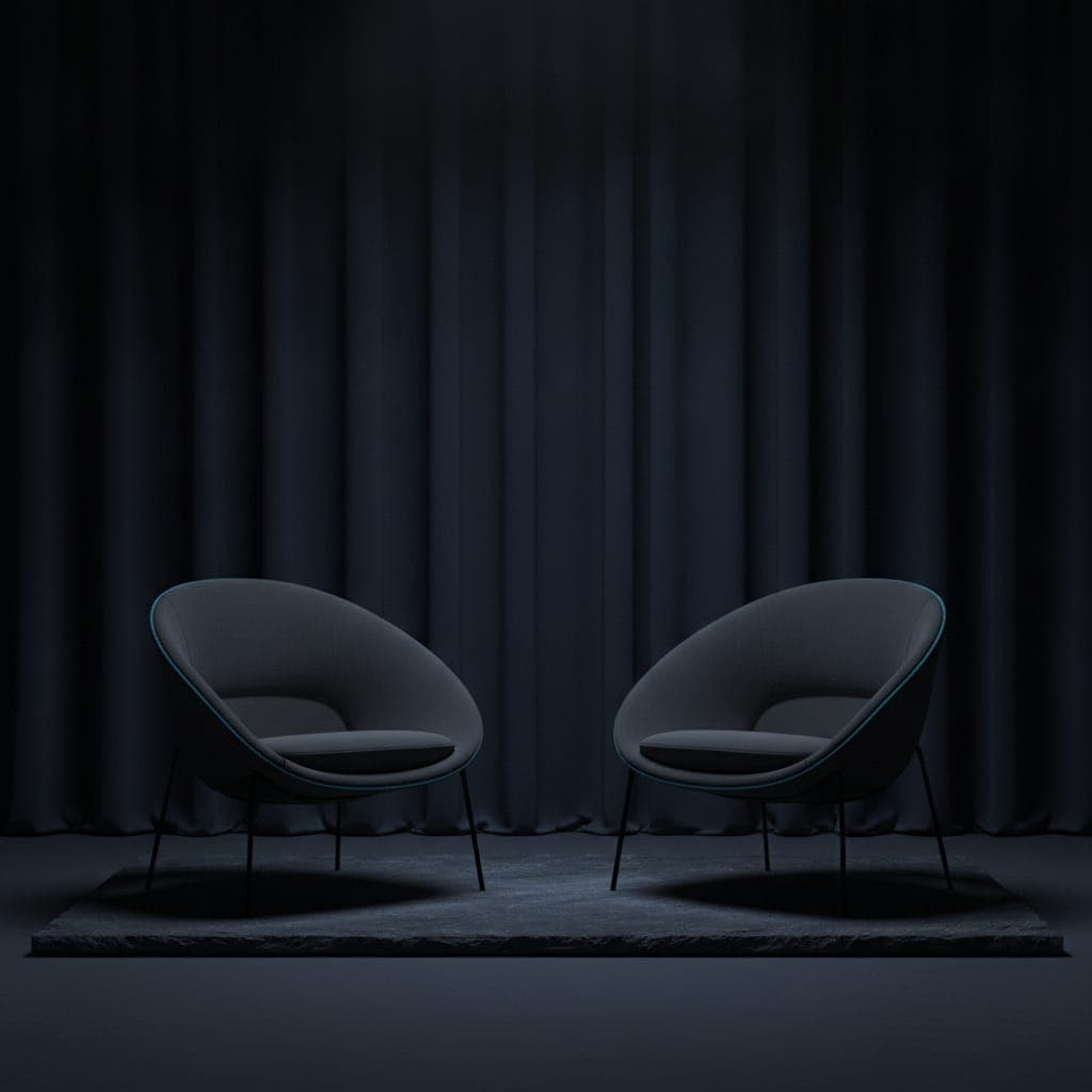 Two low armchairs facing each other in a dark room: the health history conversation that opens the hour