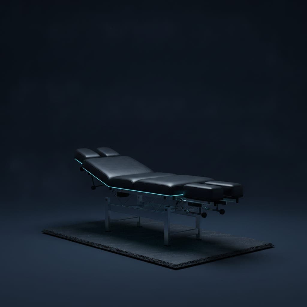 A chiropractic treatment table lit along its edge: hands-on treatment starts in the same visit