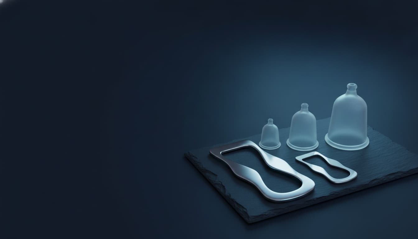 Cupping cups and IASTM muscle-scraping instruments laid out on dark slate
